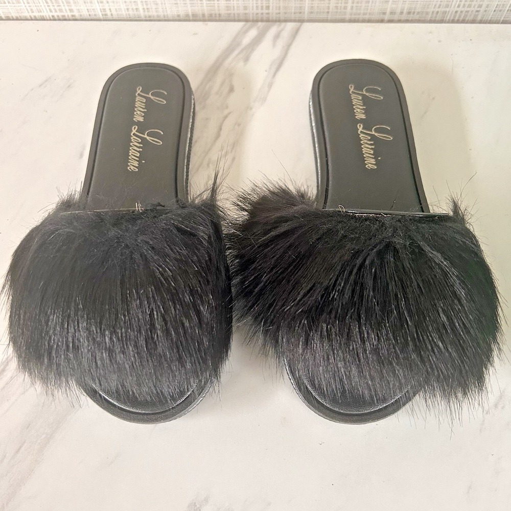 Fluffy Black Slip On Sandals NIB Lauren Lorraine Womens Sz Small 5/6 New! BxFF
